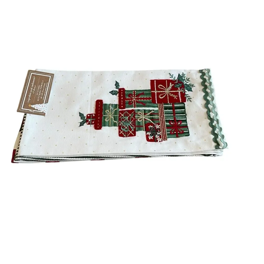Cupcakes & Cashmere Christmas Present Kitchen Towels Set of 3 Embroidered New